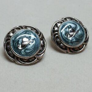 Vintage Fashion Costume Jewelry Metal Silver Tone Green Hat Earrings #72W